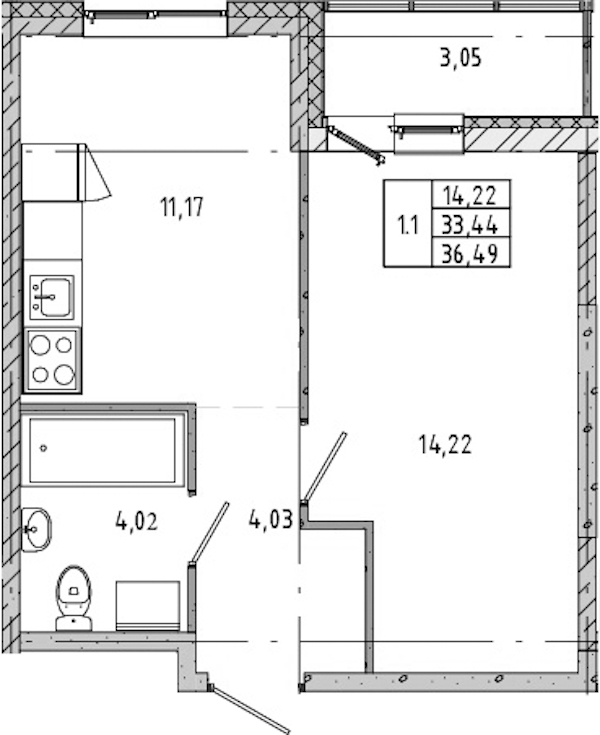 1-комнатная квартира 33.55 м², 10/12 эт., ЖК «Новые горизонты 2»